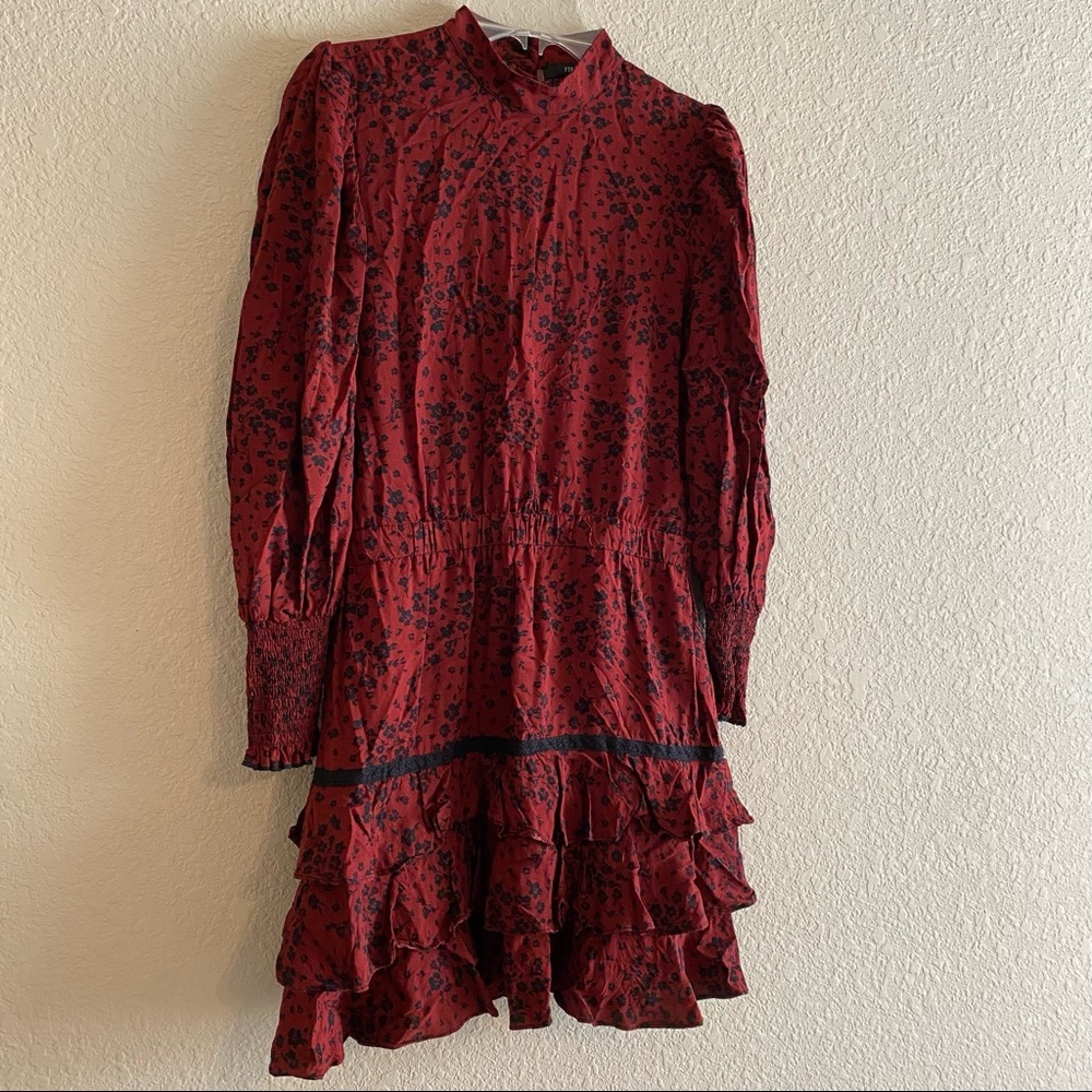 Red floral print long sleeve ruffle bottom bread with button up back